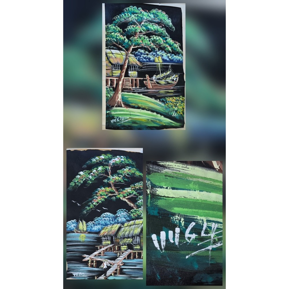 New ORIGINAL Signed Viet Asian Landscape Painting Village Boats Night‎ Scene Art